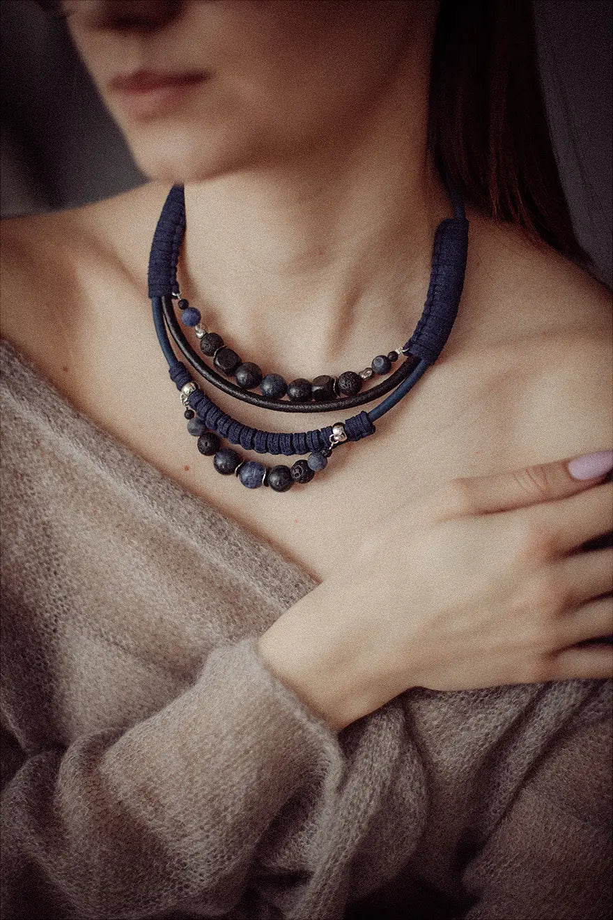Bead and leather bib necklace Vika Studio