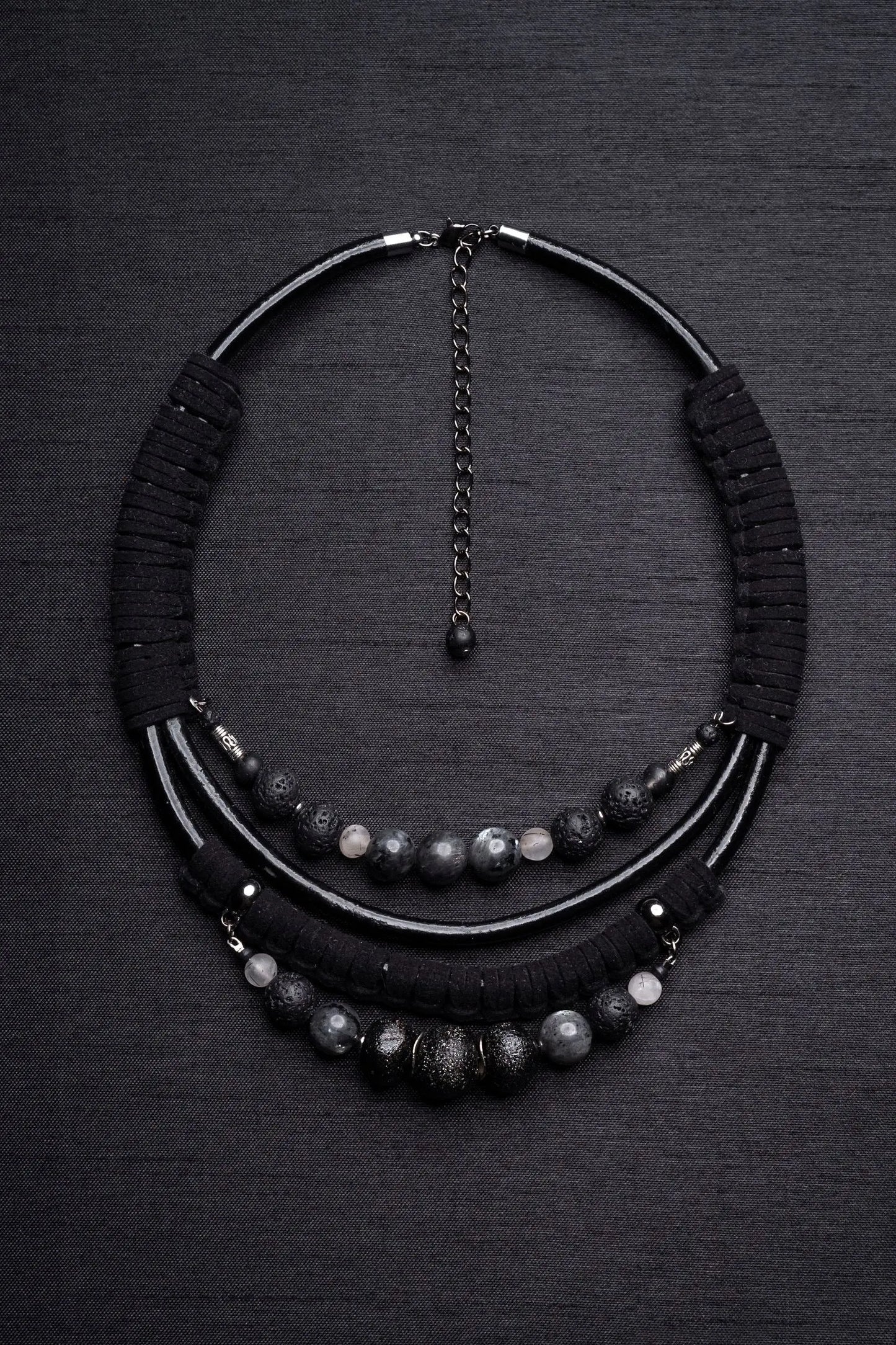 Black labradorite bead and leather bib necklace Vika Studio