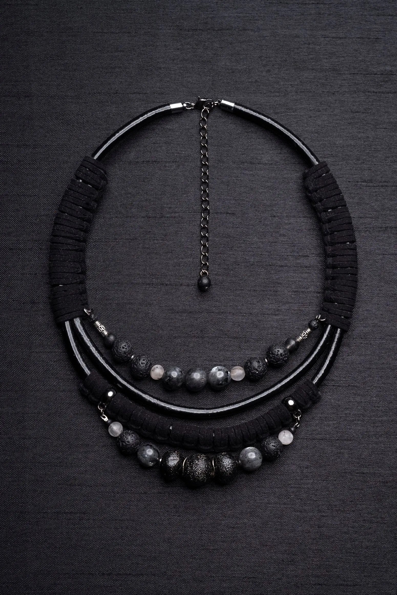 Black labradorite bead and leather bib necklace Vika Studio