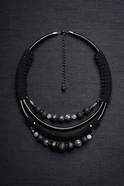 Black labradorite bead and leather bib necklace Vika Studio
