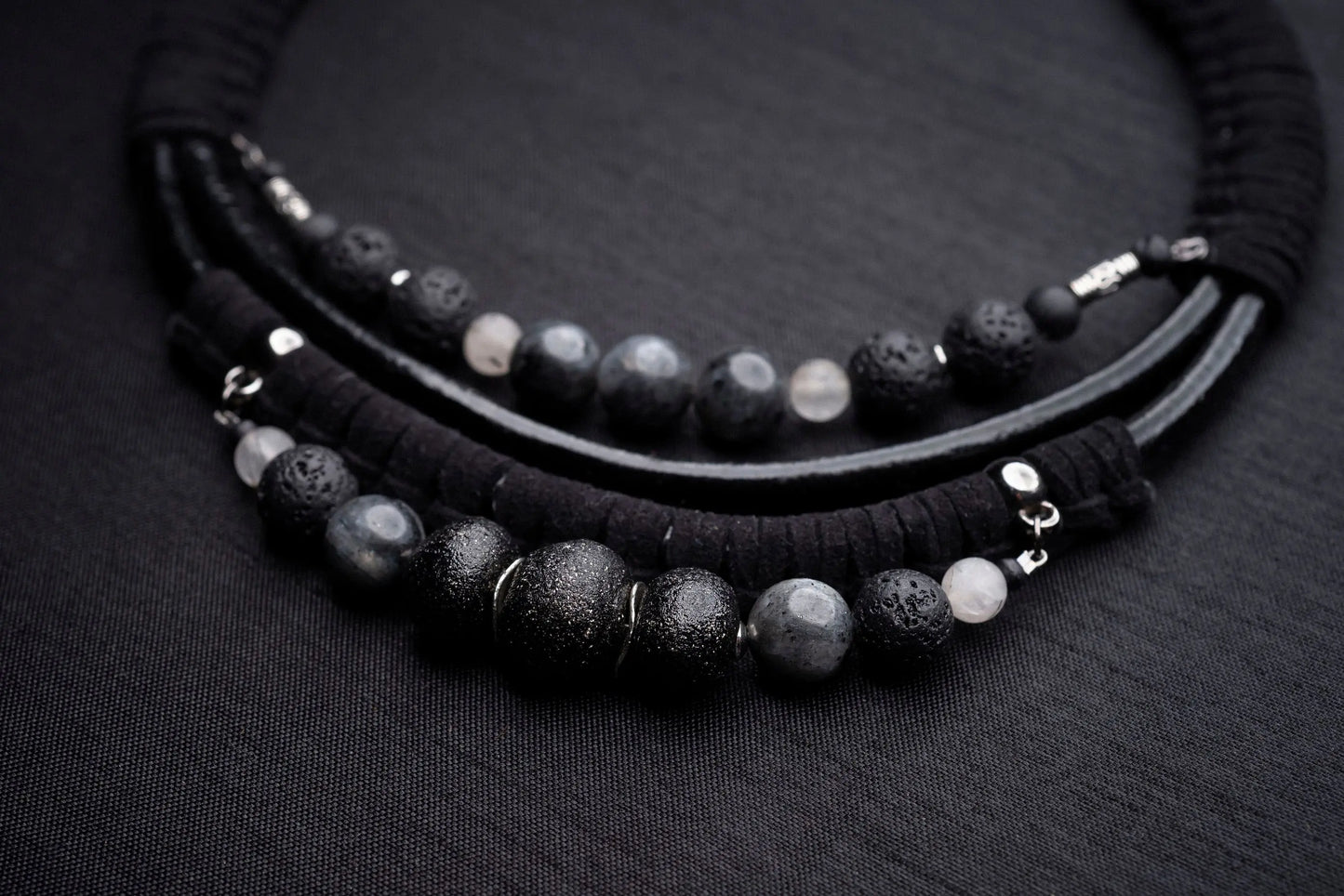 Black labradorite bead and leather bib necklace Vika Studio
