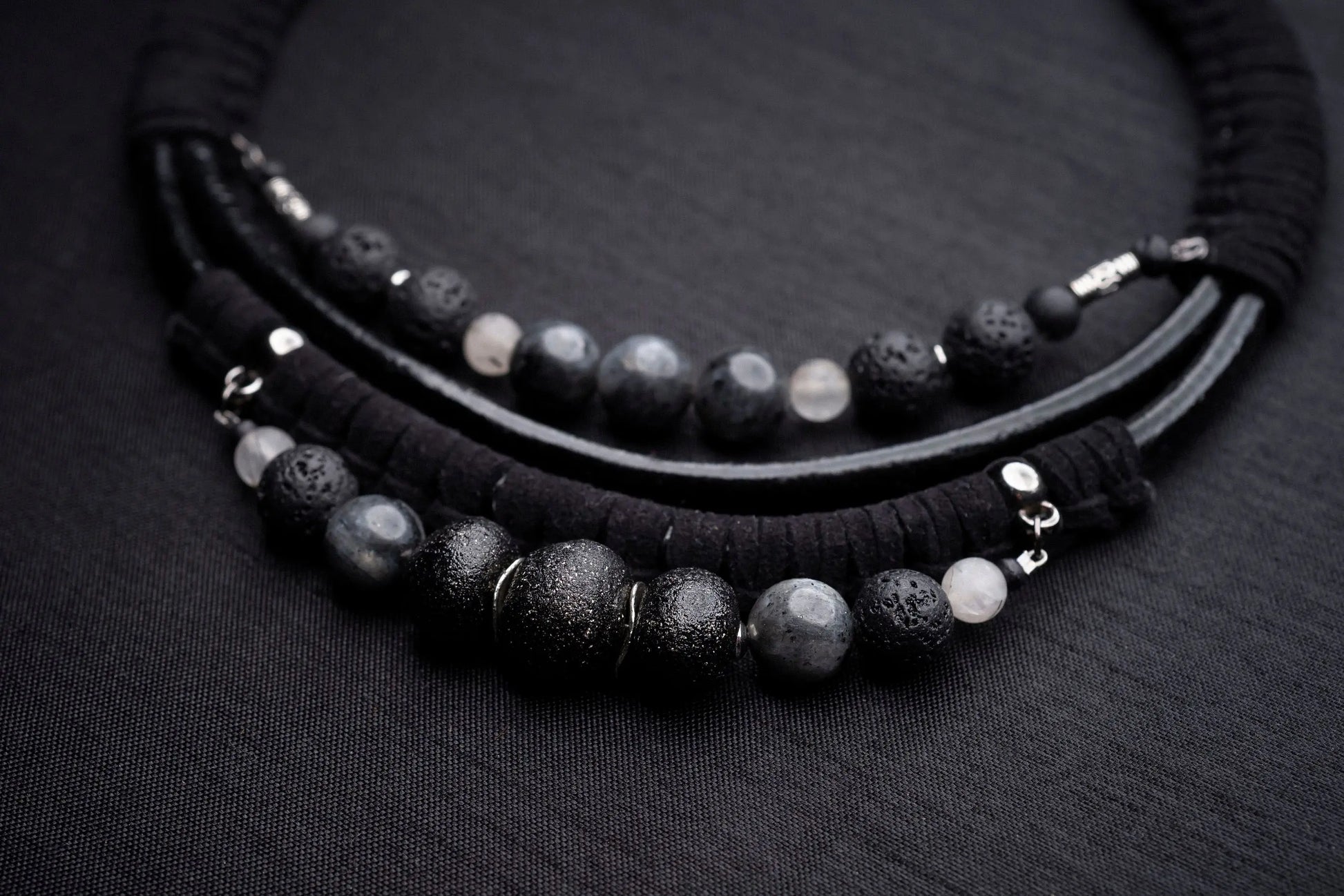 Black labradorite bead and leather bib necklace Vika Studio