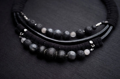 Black labradorite bead and leather bib necklace Vika Studio