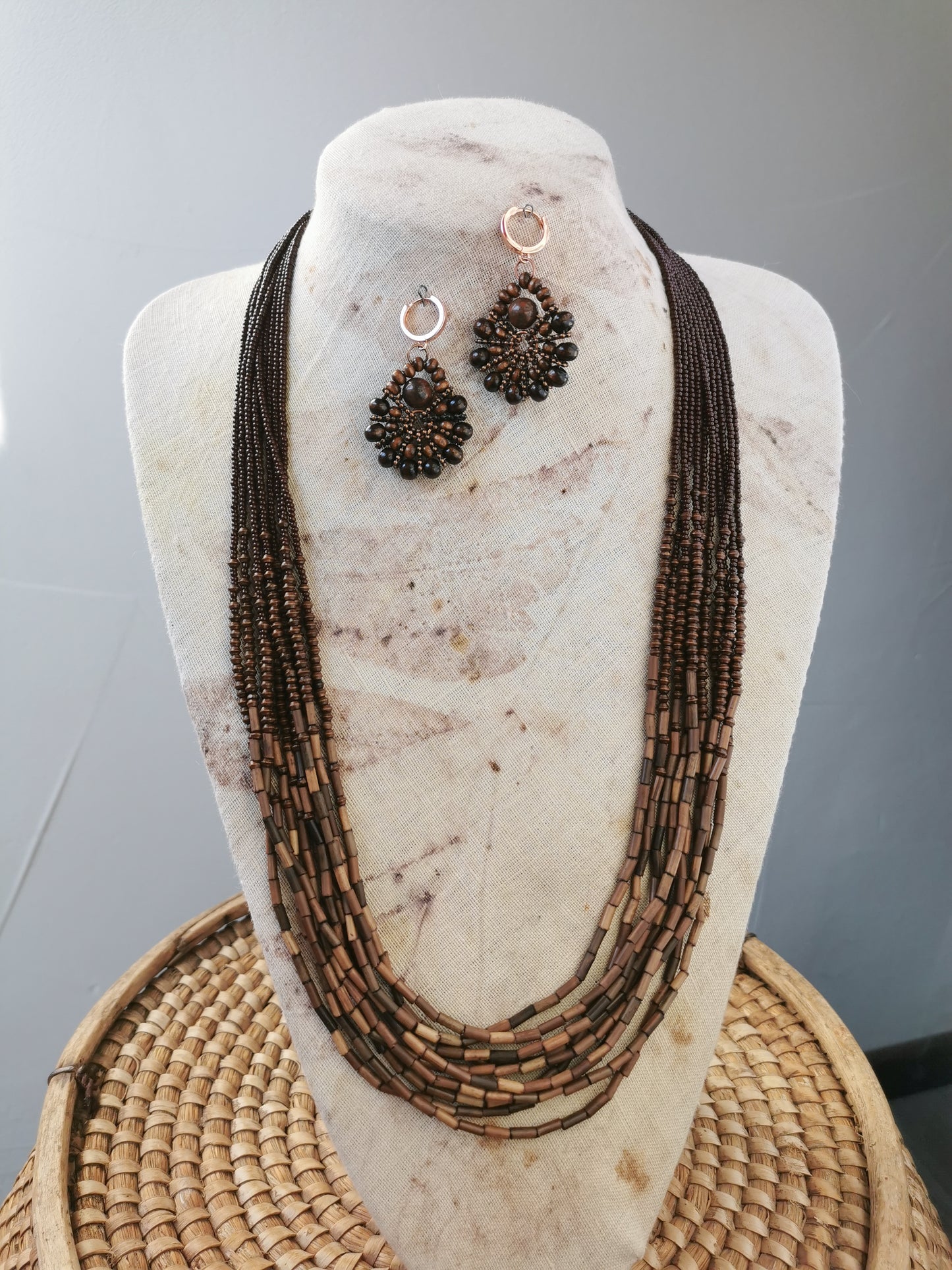 long boho bead layering necklace and earrings
