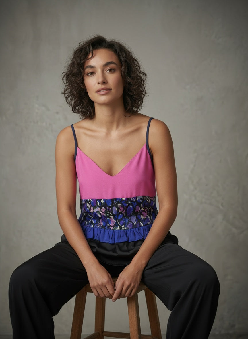 model wearing strap top from color block silk