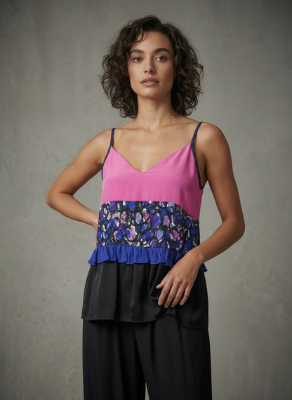 model wearing strap top from color block silk