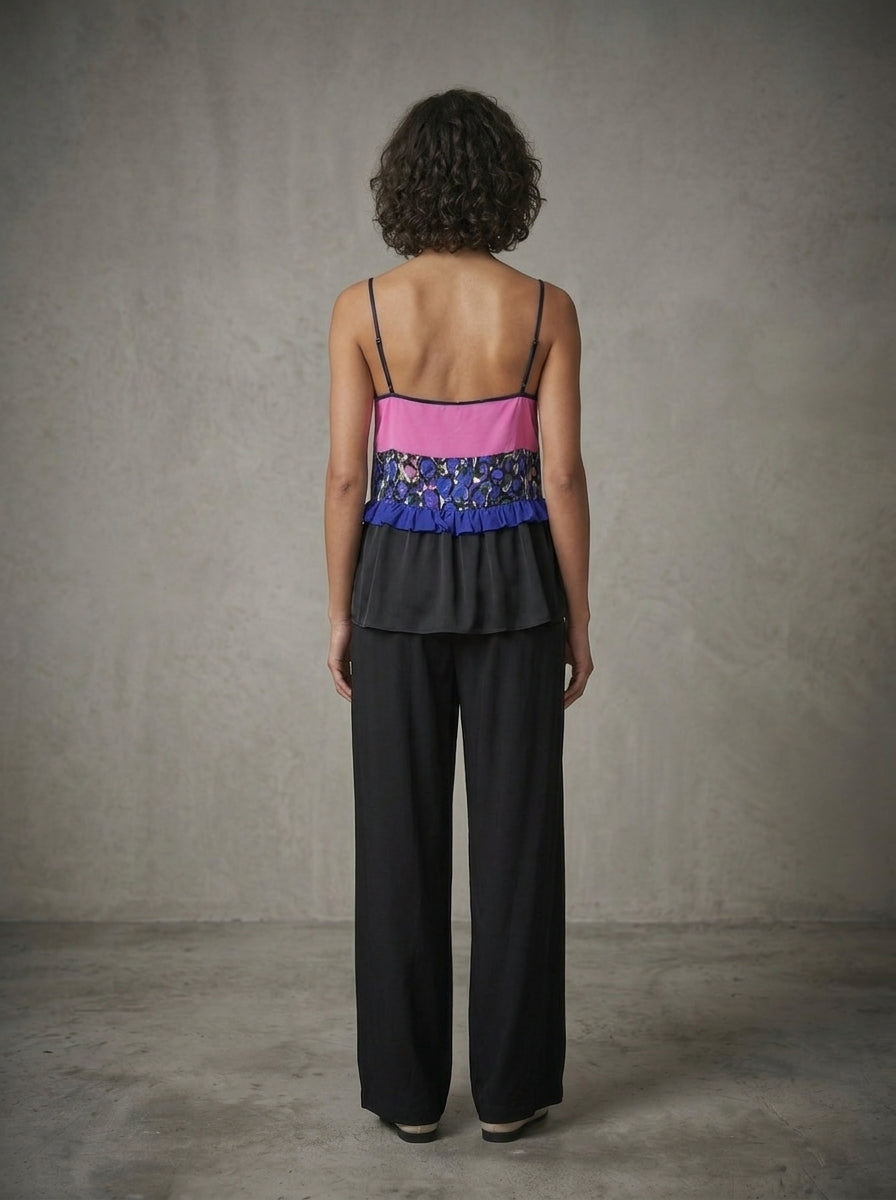 model wearing strap top from color block silk