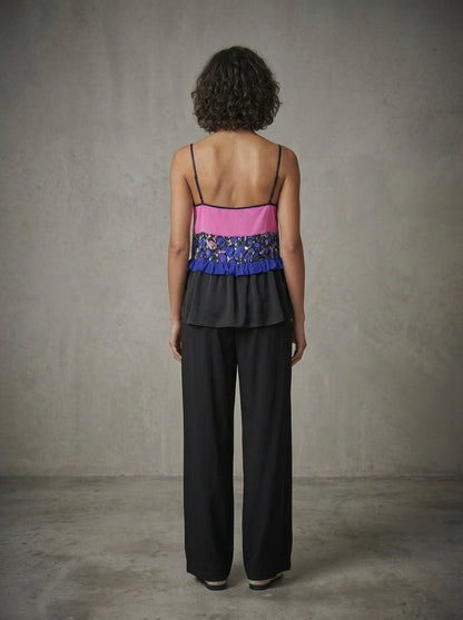 model wearing strap top from color block silk