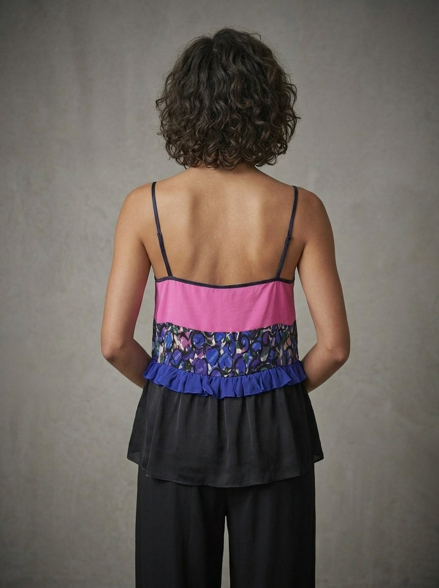 model wearing strap top from color block silk