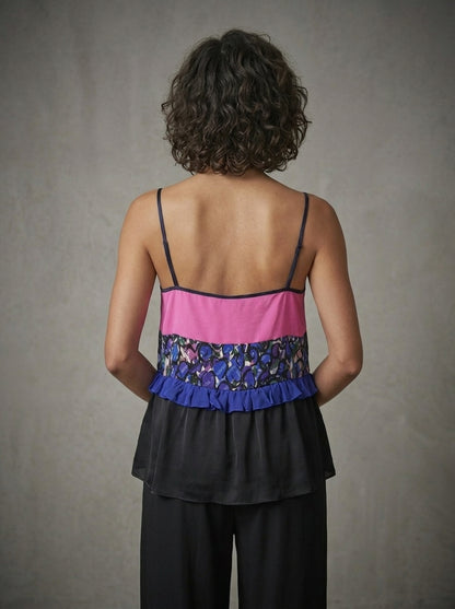 model wearing strap top from color block silk
