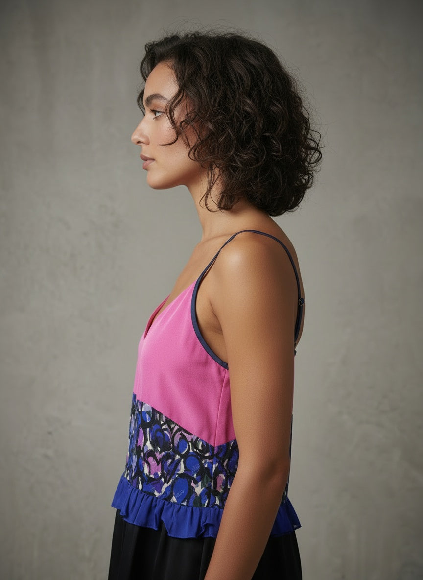 model wearing strap top from color block silk