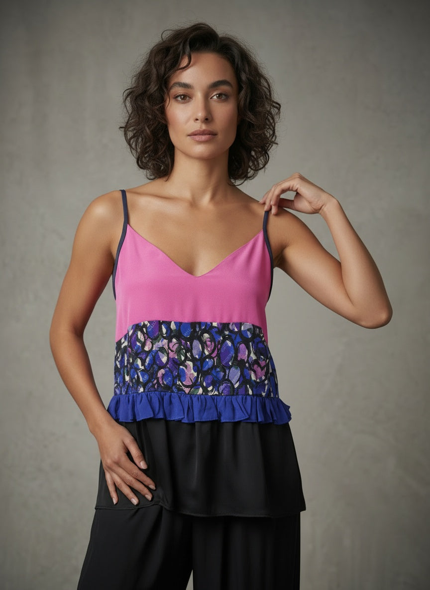 model wearing strap silk blouse
