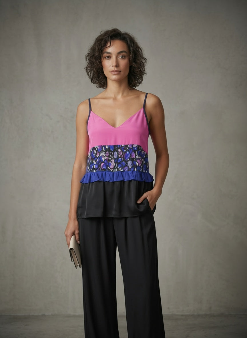 model wearing strap top from color block silk