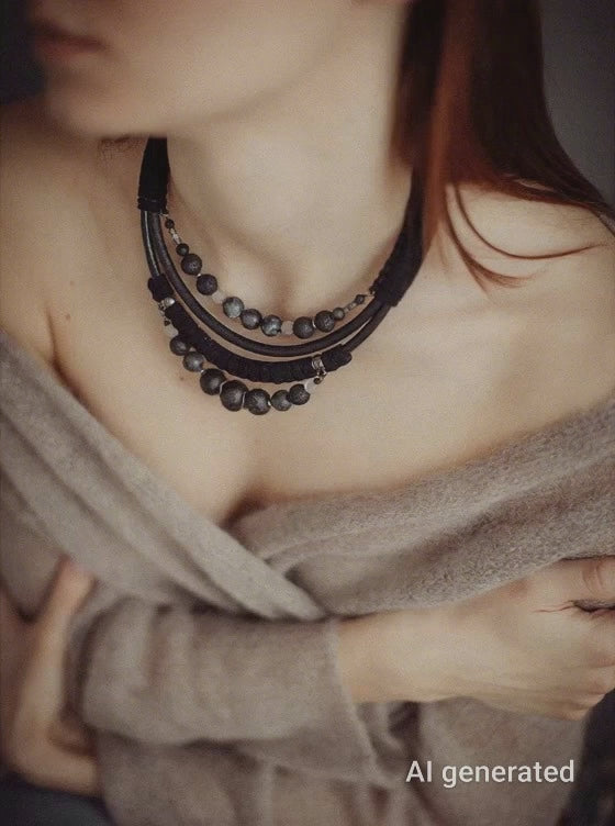 women wearing black layering beads necklace moves from one side to other