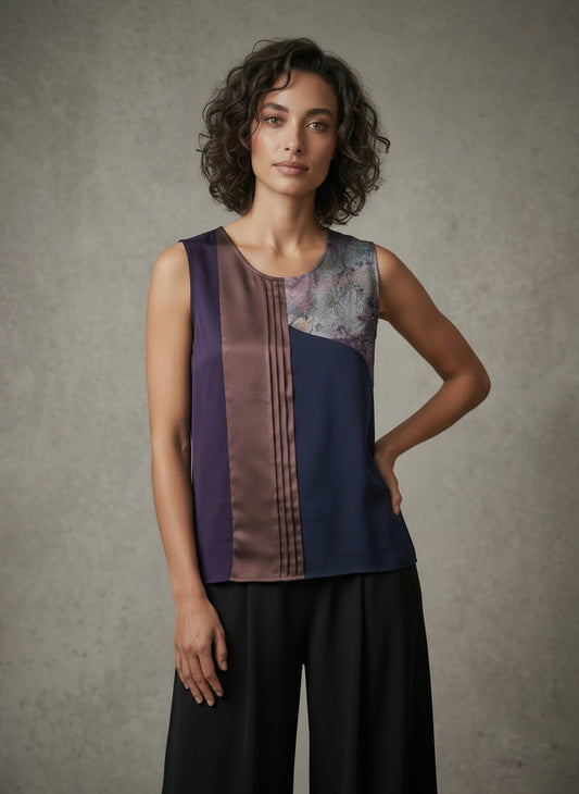 model wearing purple tank top