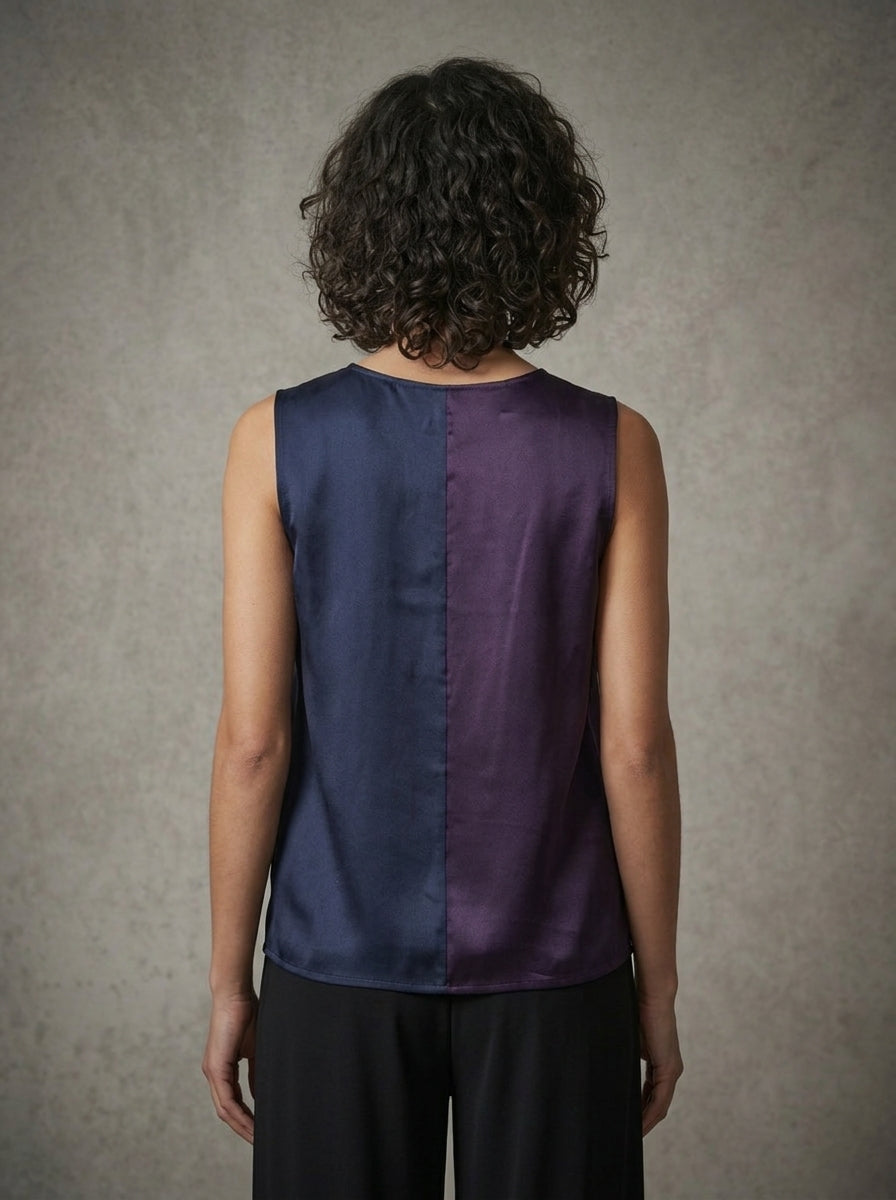 model wearing purple tank top