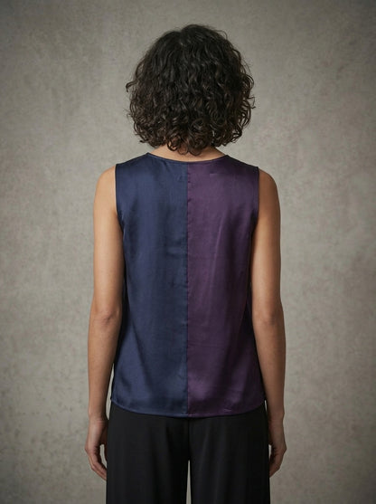 model wearing purple tank top