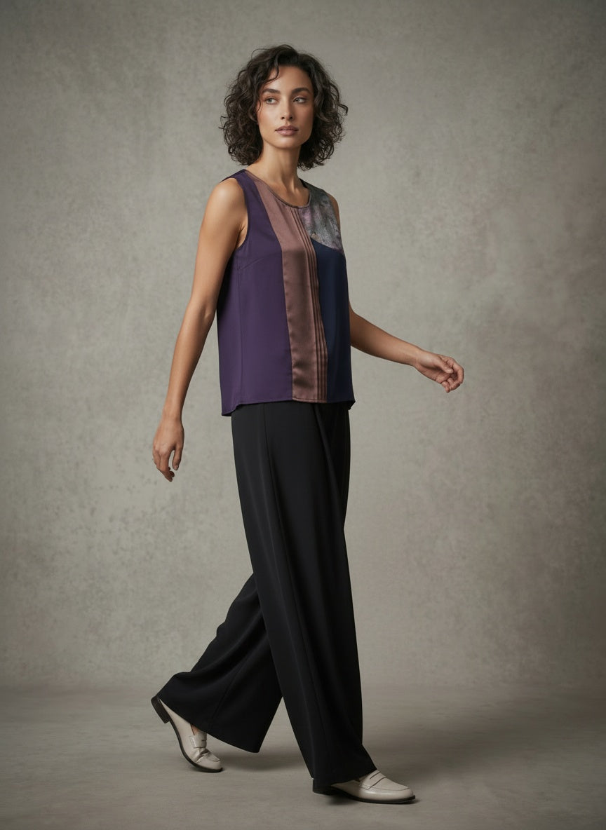 model wearing purple tank top