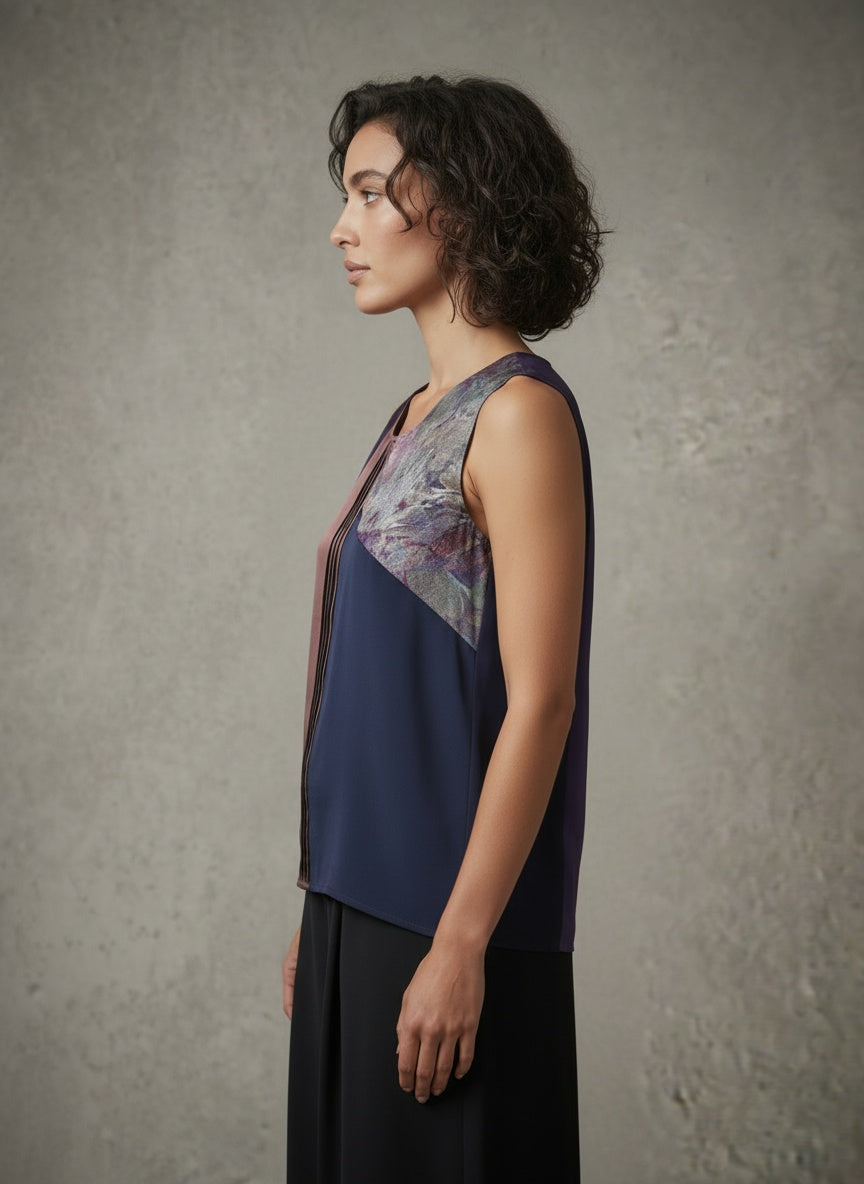 model wearing purple tank top