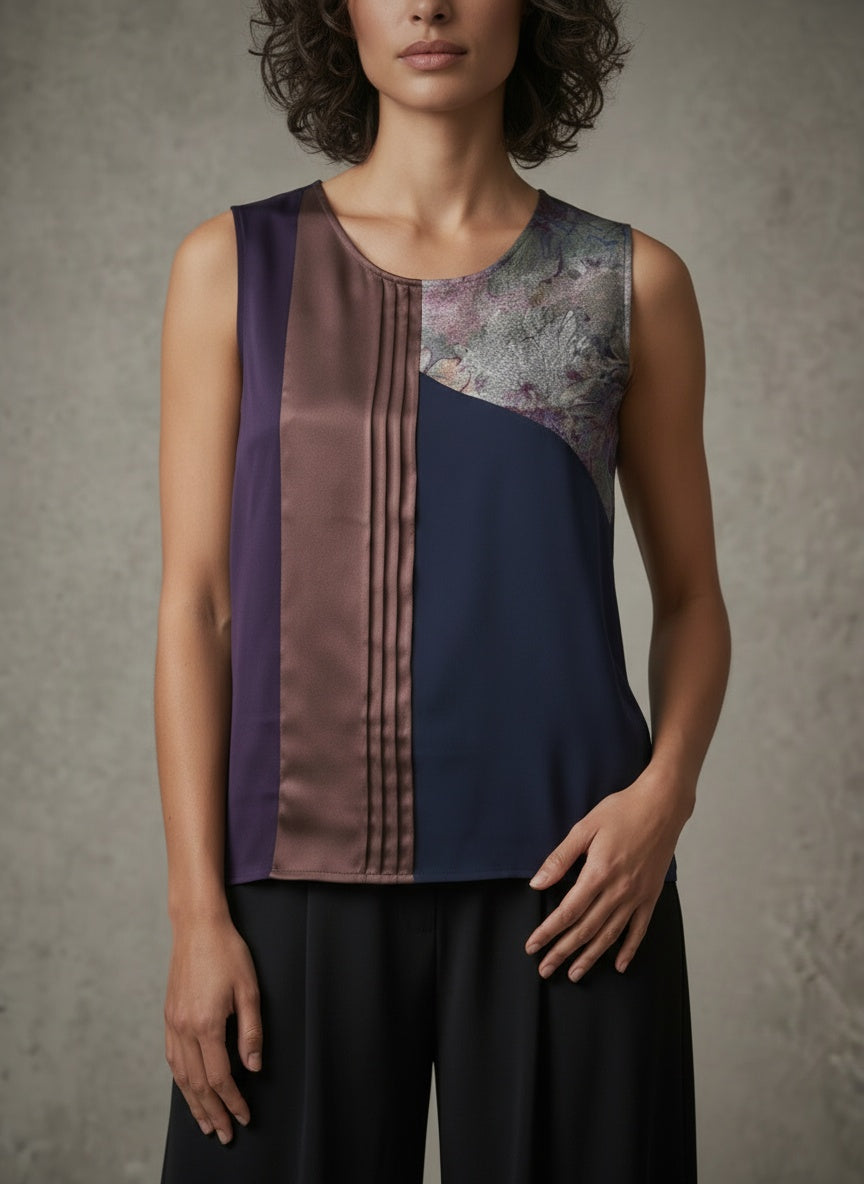 model wearing purple tank top
