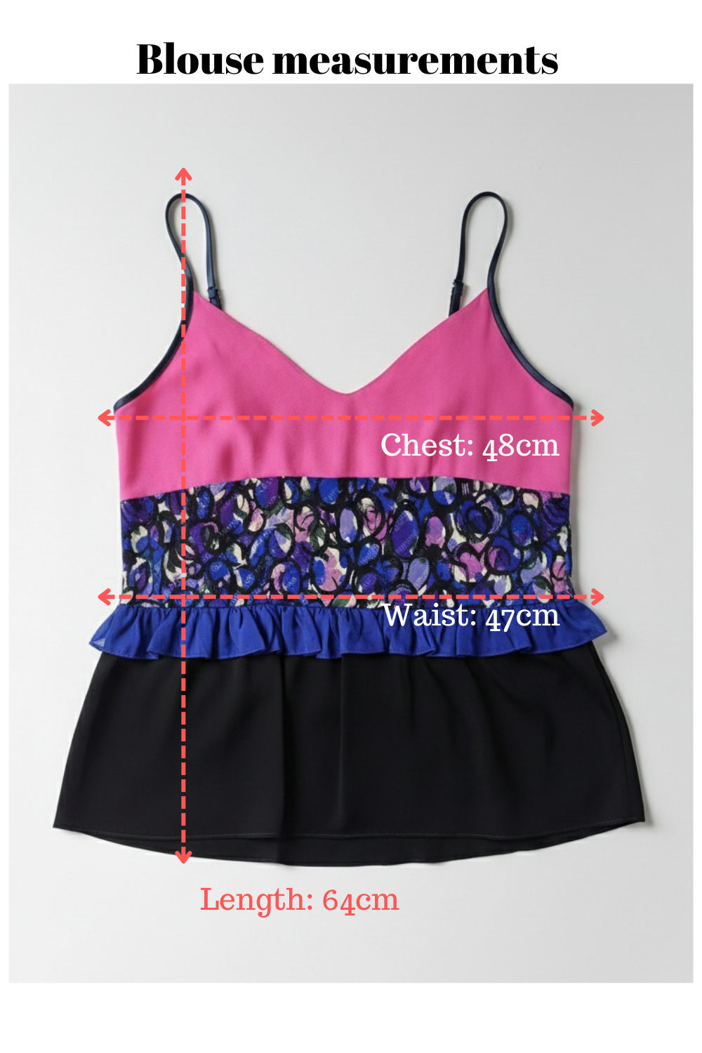 silk strap blouse flat lay with measurements