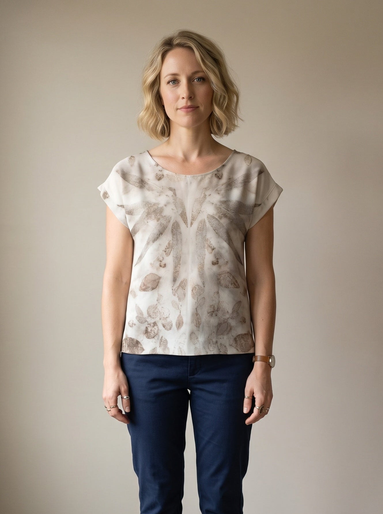 women wearing short sleeve blouse with plants prints