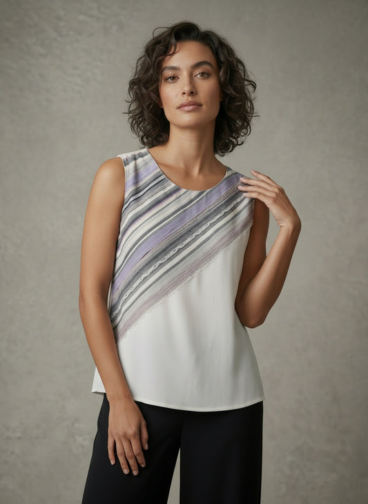 women wearing white and lavender silk tank top