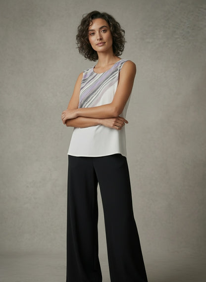 women wearing white and lavender silk tank top