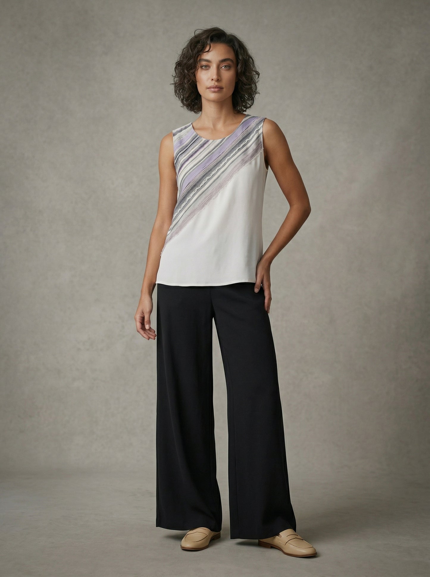 women wearing white and lavender silk tank top