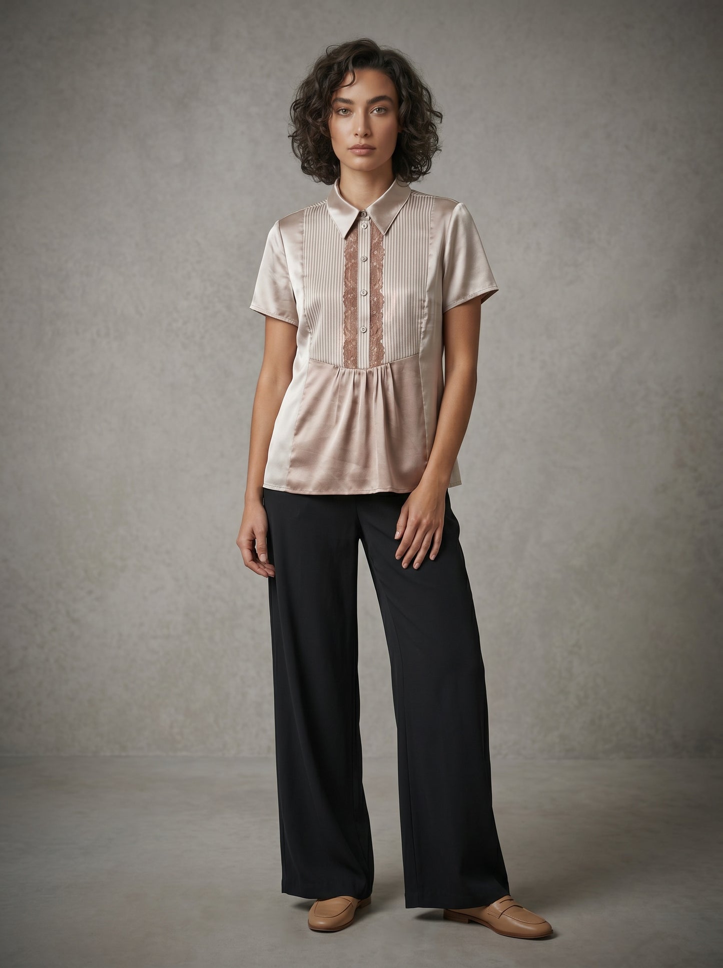 women wearing silk short sleeve blouse