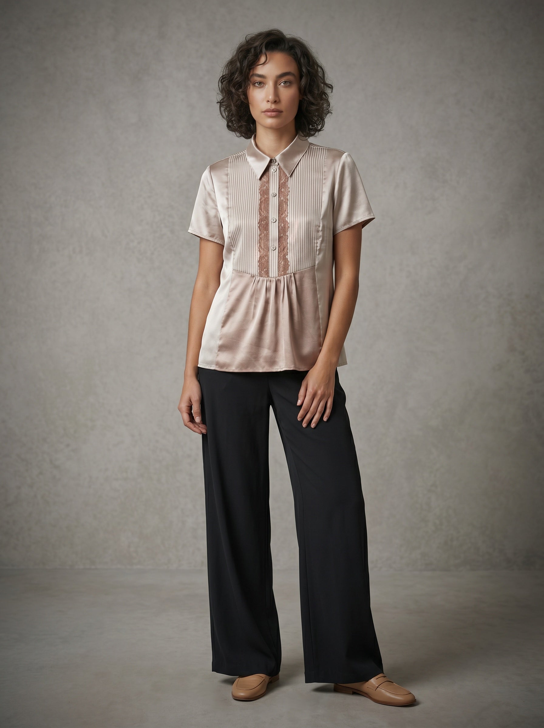 women wearing silk short sleeve blouse