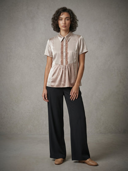 women wearing silk short sleeve blouse