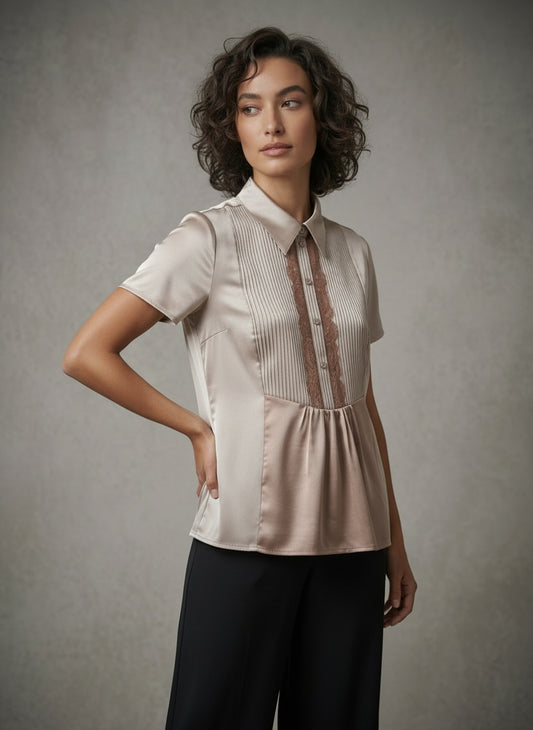women wearing silk short sleeve shirt collar blouse