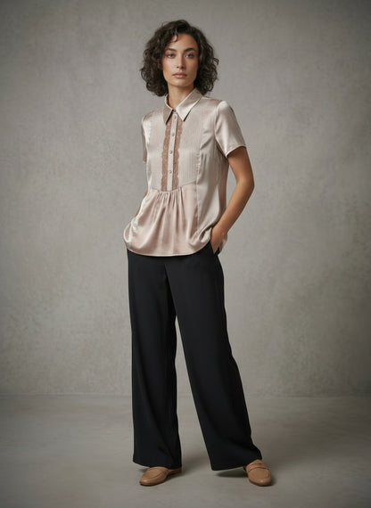 women wearing silk short sleeve shirt collar blouse