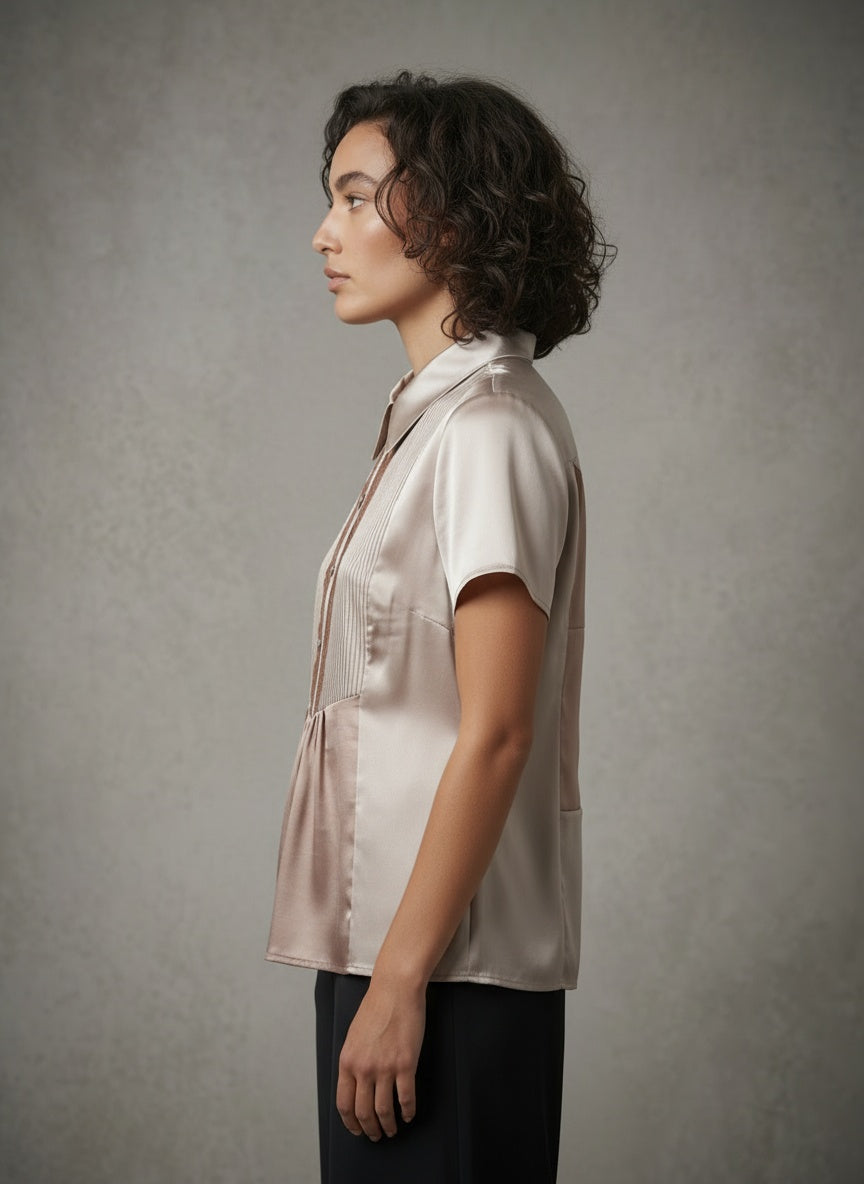 women wearing silk short sleeve shirt collar blouse