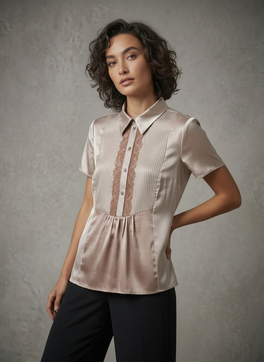 women wearing silk short sleeve shirt collar blouse
