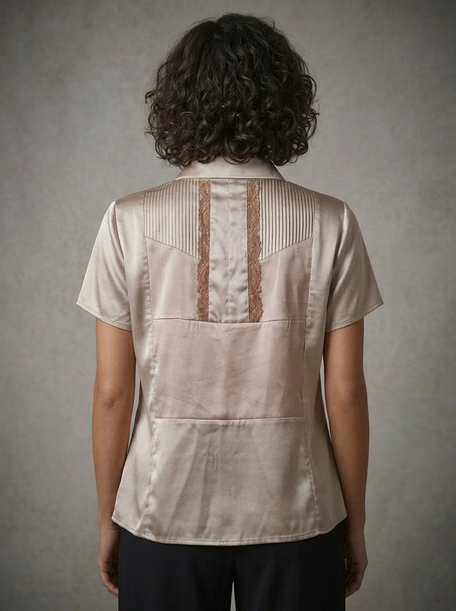 women wearing silk short sleeve shirt collar blouse