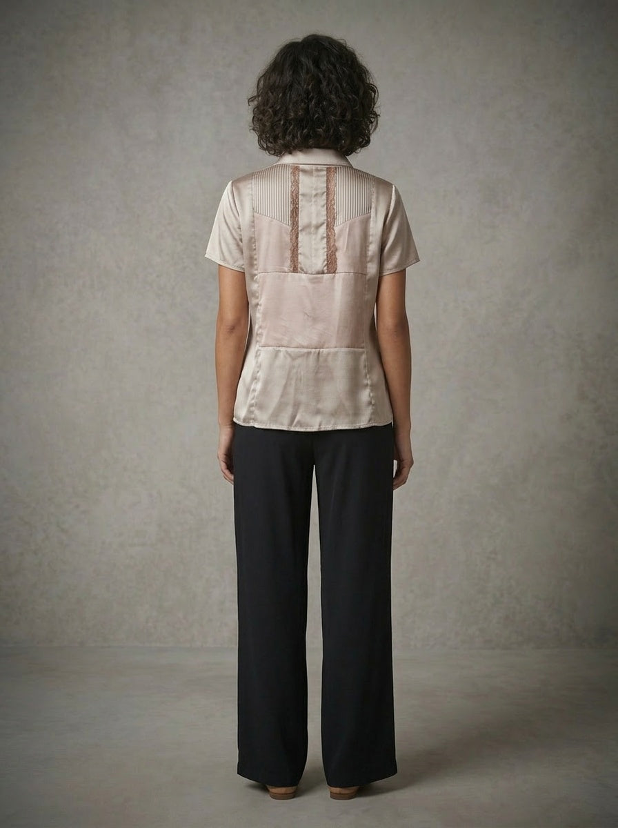women wearing silk short sleeve shirt collar blouse