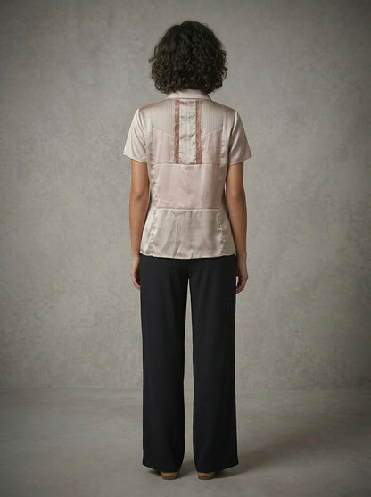 women wearing silk short sleeve shirt collar blouse