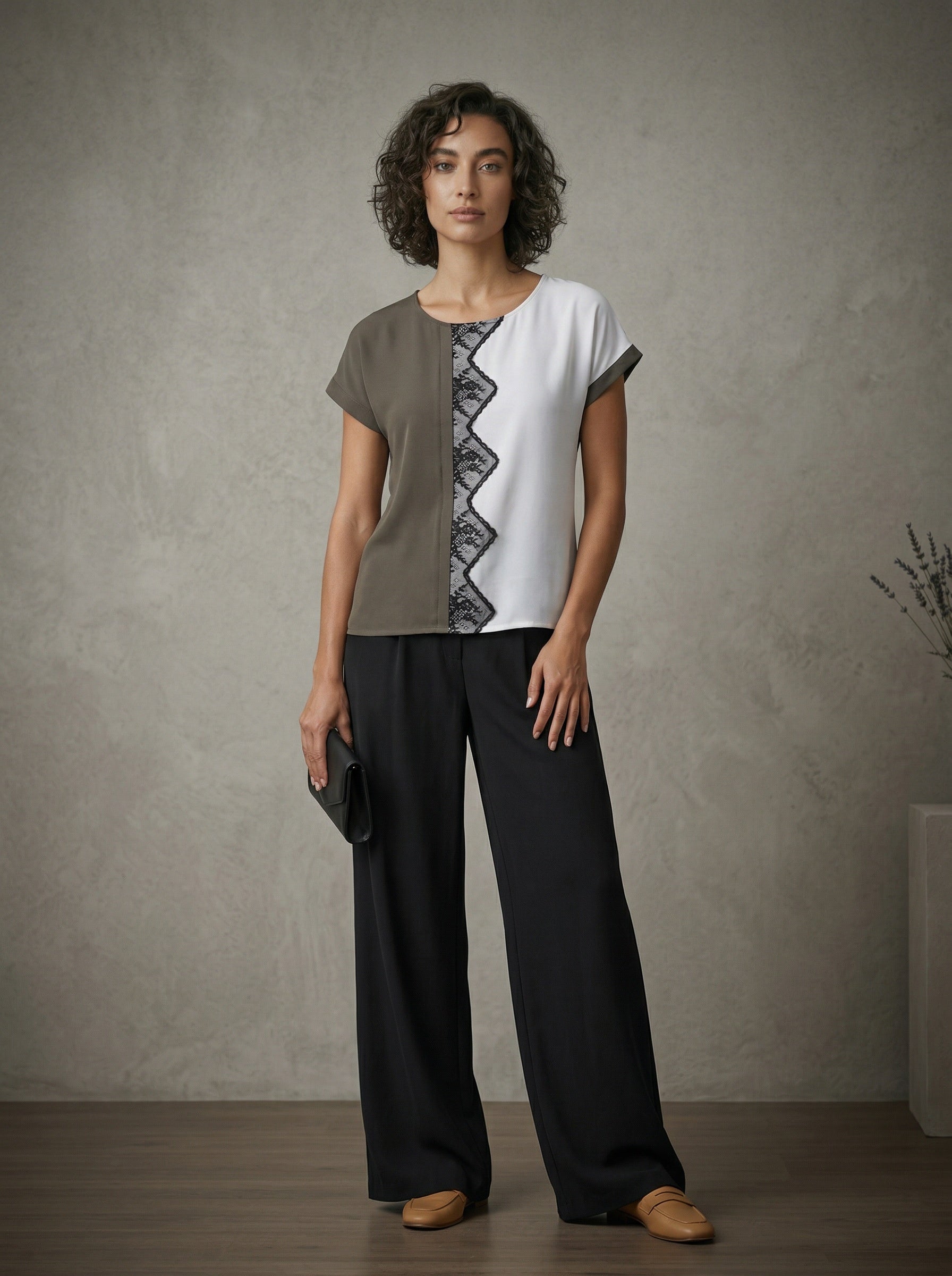 women wearing grey and white top with lace 