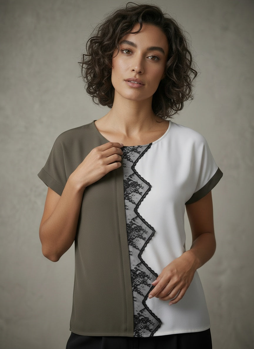 women wearing grey and white top with lace 