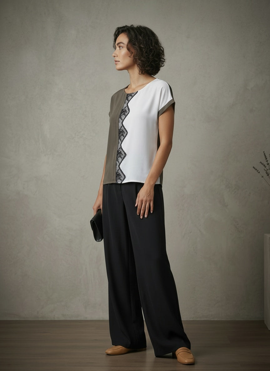 women wearing grey and white top with lace 
