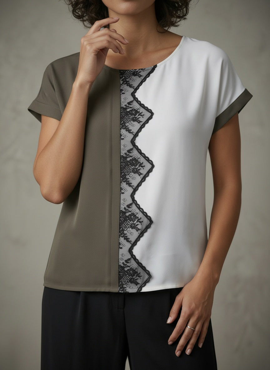 women wearing grey and white top with lace 