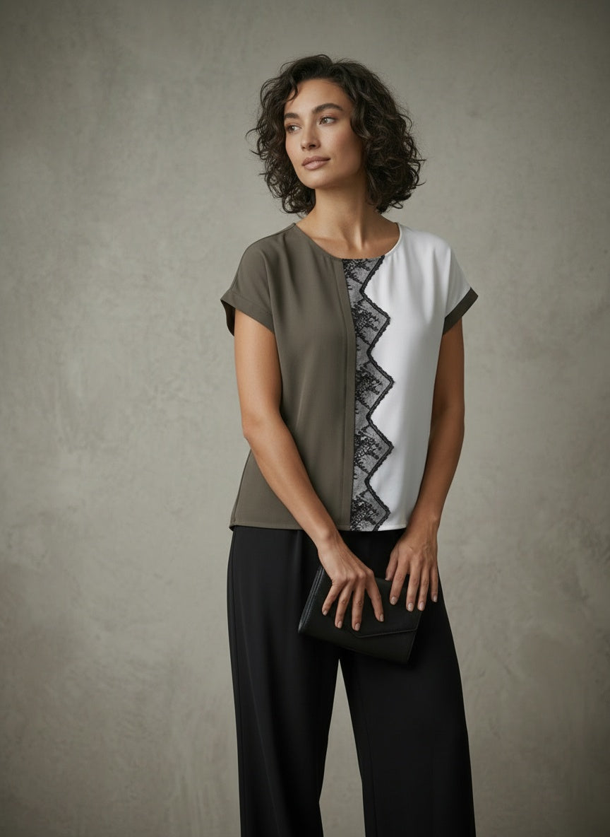 women wearing grey and white top with lace 