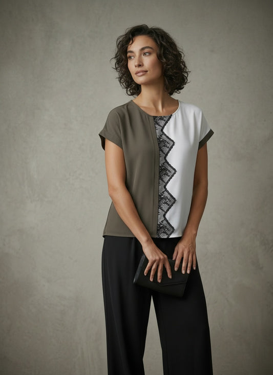 women wearing grey and white top with lace 